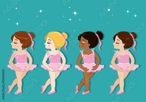 Vector illustration of cute little ballerinas.  Ballet Slippers. Clip art cute characters, pink tutus, ballet shoes.