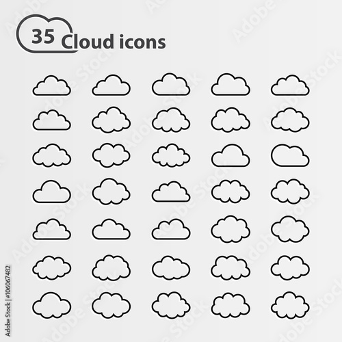 Big vector set of thirty five cloud shape White cloud shape,black line cloud shape,black cloud shape,cloud icons, sign for web and app, for cloud computing and so on, isolated on a white background