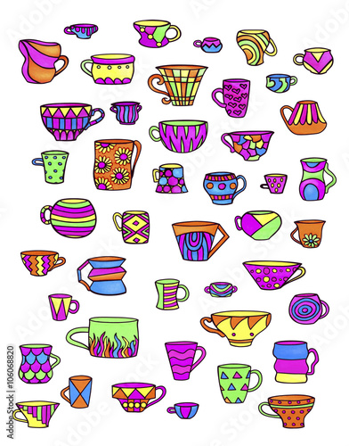 Sketch colorful cups and mugs. Bright dishes for hot and cold drinks.