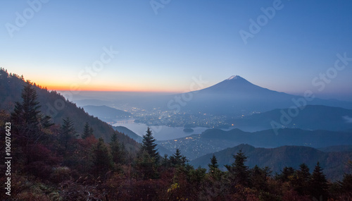View of Mountain Fuji and Kawaguchiko lake in morning autumn season seen from Shindotoge view point