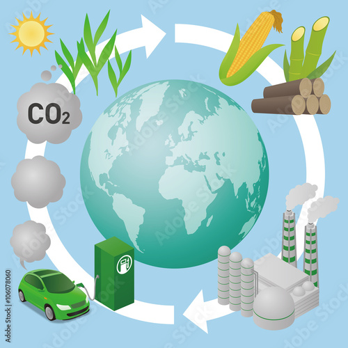 Biofuel: Biomass ethanol  life cycle and earth, diagram illustration
