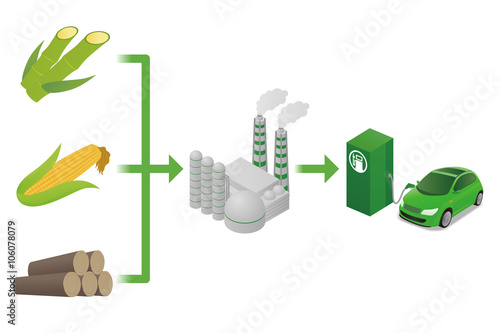 Biofuel: Biomass ethanol, made form Sugar, Starch, Cellulose,  diagram illustration