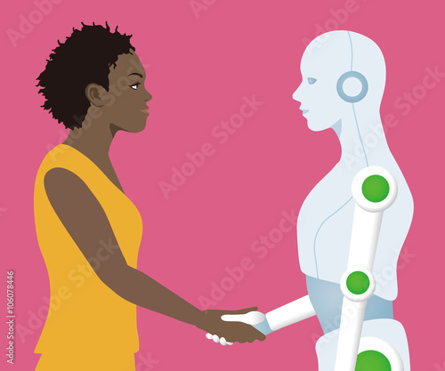 Handshake between woman and robot