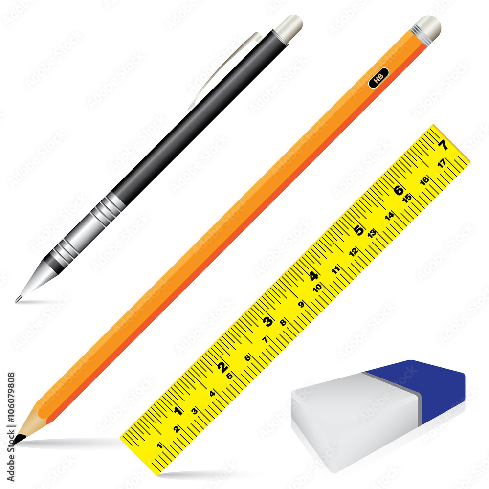 Pencil eraser ruler and pen isolated on white background. Vector object tool for office and school. Pencil eraser ruler and pen isolated on white background. Vector object tool for office and school.