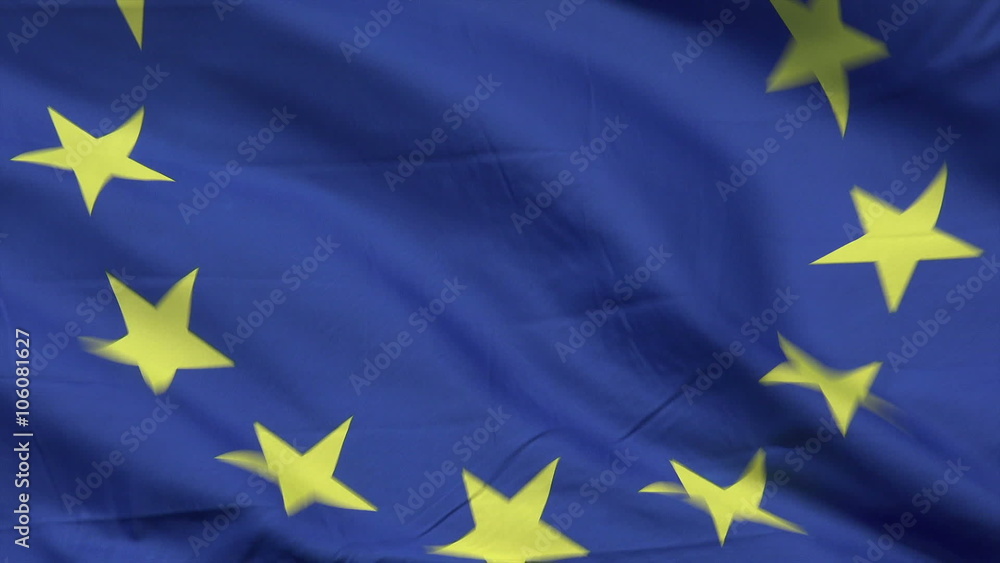 EU flag blowing in wind with blue sky background, European Union EU flag blowing in wind with blue sky background, European Union