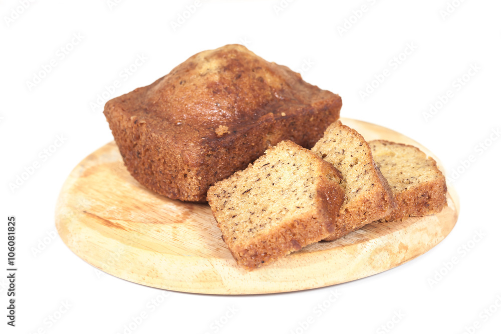 Homemade banana bread sliced on white background Homemade banana bread sliced on white background