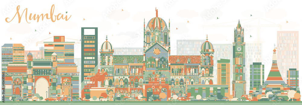 Abstract Mumbai Skyline with Color Landmarks.