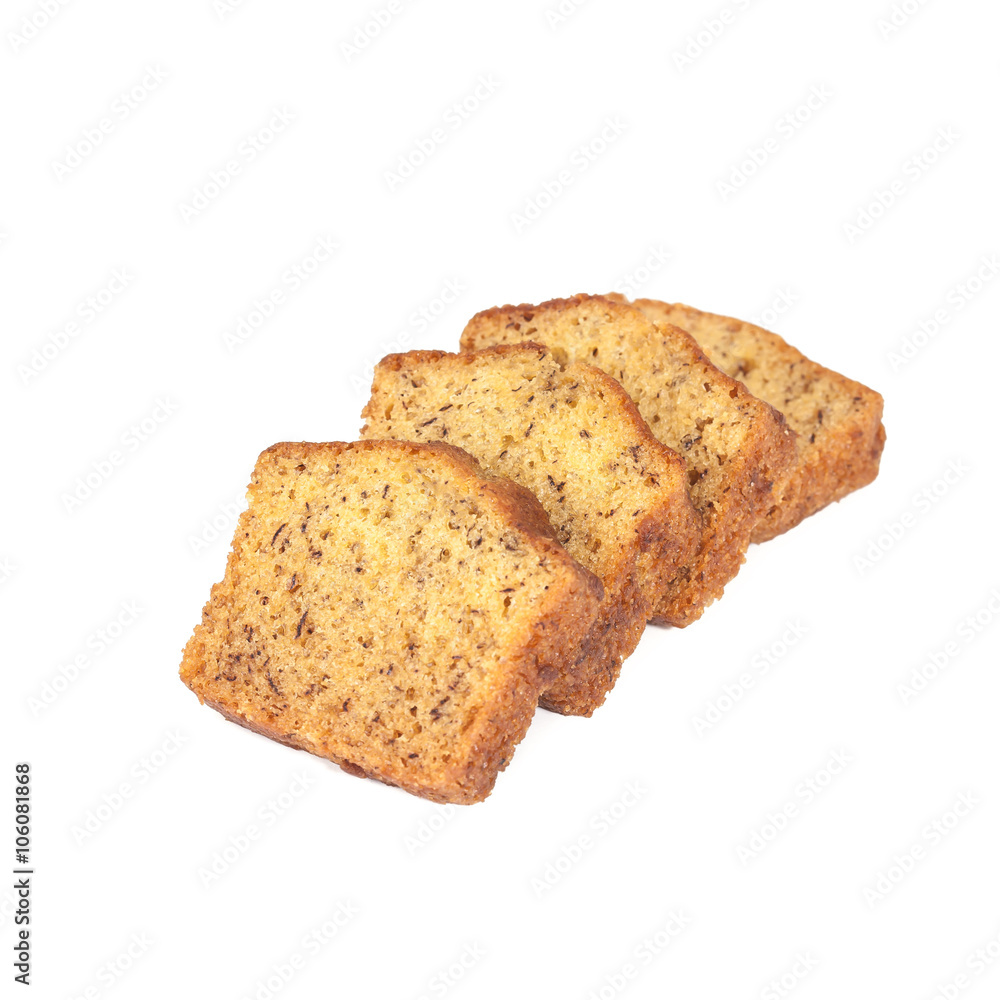 Homemade banana bread sliced on white background Homemade banana bread sliced on white background