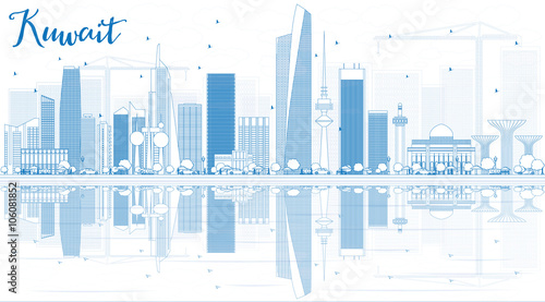 Outline Kuwait City Skyline with Blue Buildings and Reflections.