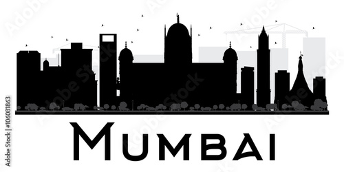 Mumbai City skyline black and white silhouette.