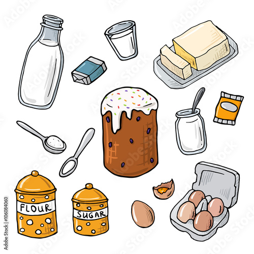 Easter cake ingredient. Set of vector elements: milk, flour, eggs, sugar, butter, yeast. Cartoon illustration