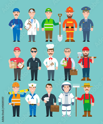 mans professions set.doctor,mechanic,worker,fireman,delivery man.policeman.chef.teacher,security,pilot.builder.sailor.business man.astronaut.farmer.lumberjack.