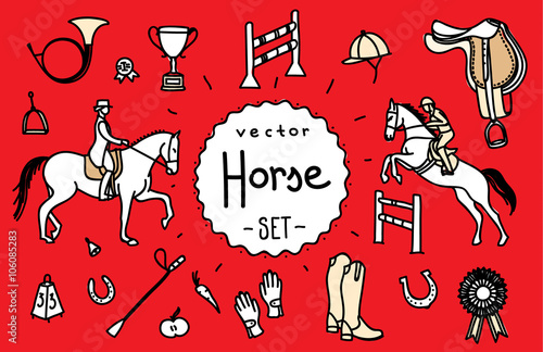Horse equipment vector icon set line hand drawing template