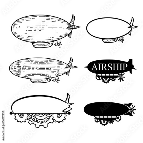 Vector  airship with a place for the text.  Black silhouette dirigible template labels 