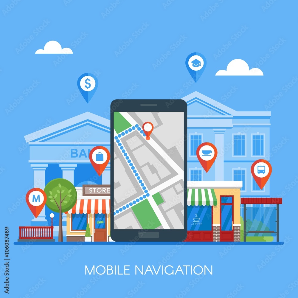 Mobile navigation concept vector illustration. Smartphone with gps city map on screen and route. 
