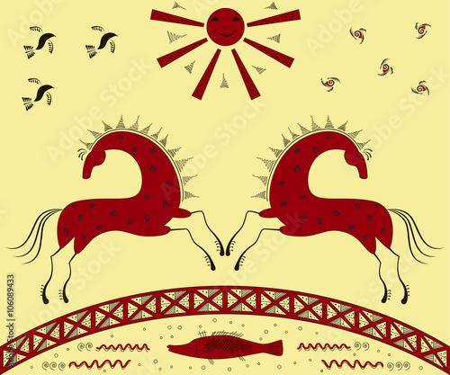 Abstract ethnic pattern, tribal background, red horse. Mezen painting. Vector illustration. eps10 (213)