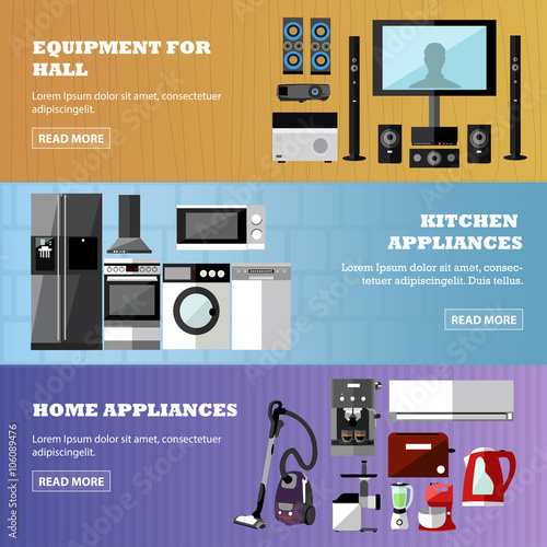 Consumer electronics store banners set. Vector illustration. Design elements in flat style. Home related devices.