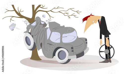 Road accident. Upset man holding a steering wheel stands near the car which crashed into the tree
