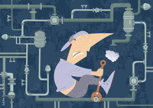 Mechanic Illustration. Comic mechanic hardly tightens the bolt and repairs pipe construction
