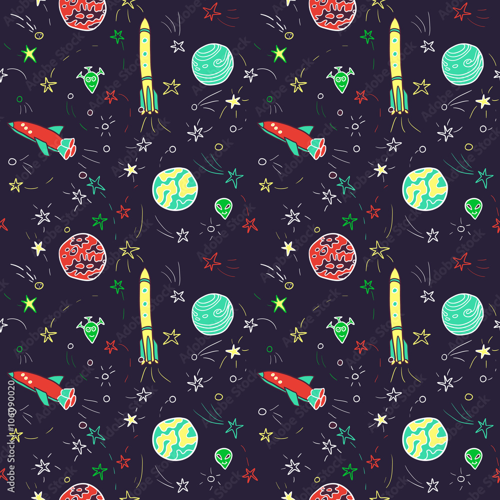 Naklejka premium vector seamless pattern with space rockets, planets and stars
