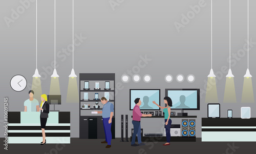 People shopping in a mall. Consumer electronics store Interior. Vector illustration. Design elements and banners flat style.