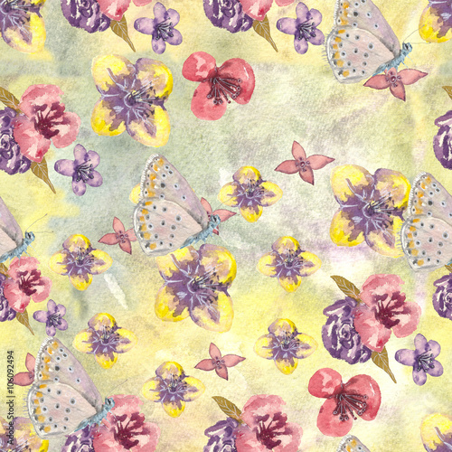 Pattern with butterflies. Delicate pattern with floral elements and a butterfly. Watercolor drawing. Design Wallpapers, backgrounds, etc