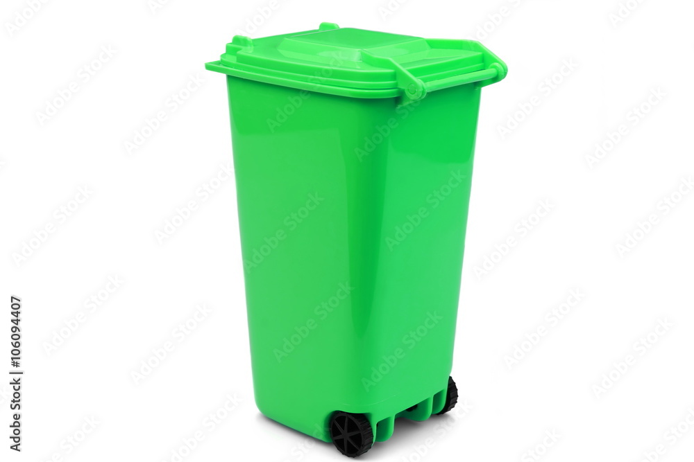 Green Plastic Waste Container Or Wheelie Bin, Isolated On White Green Plastic Waste Container Or Wheelie Bin, Isolated On White