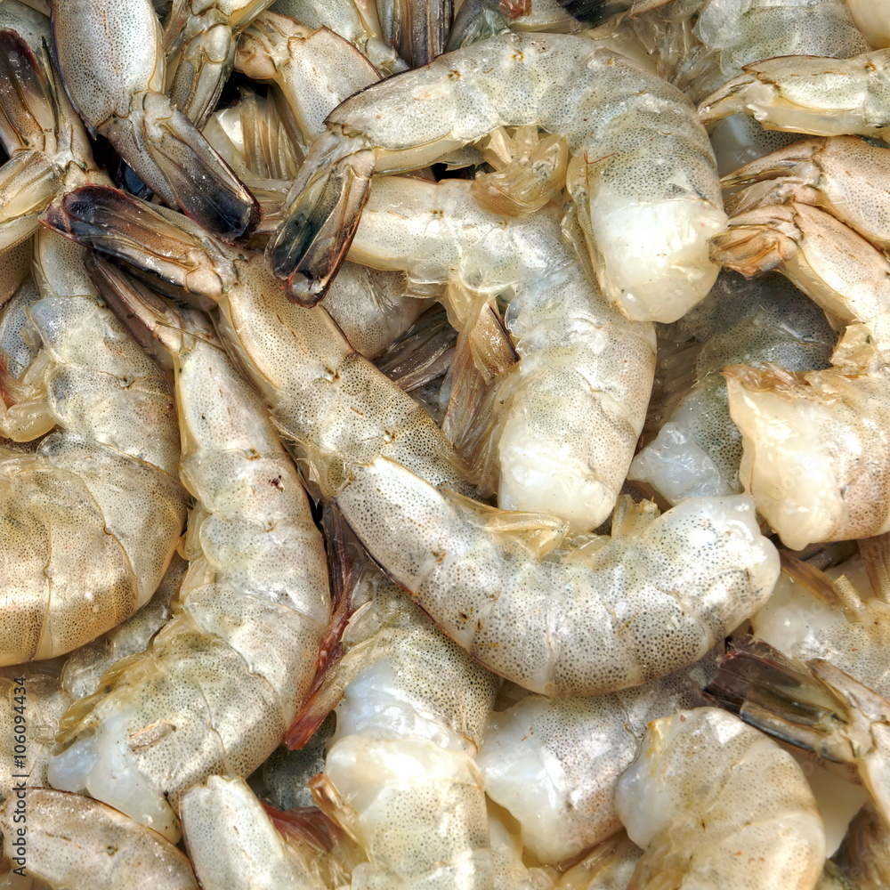 Many Raw Green King Size Shrimps On White Background Many Raw Green King Size Shrimps On White Background
