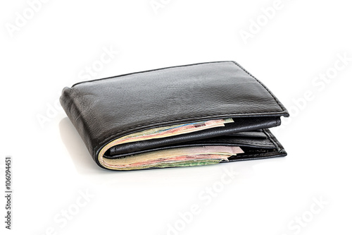 Wallet and cash bond on white background