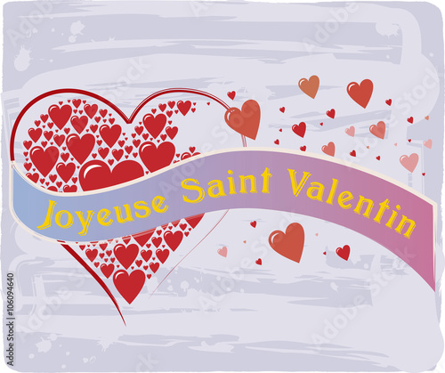 Happy Valentine's Day French Text with Heart Pattern in Red and Violet Colors
