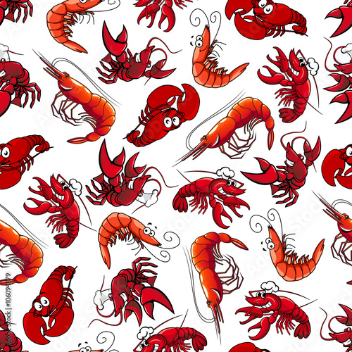 Delicious seafood characters seamless background with pattern of atlantic red shrimps, prawns and lobsters