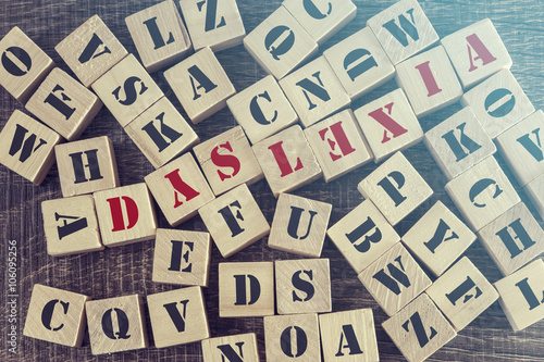 Dyslexia word formed with wooden blocks. Reading difficulties concept