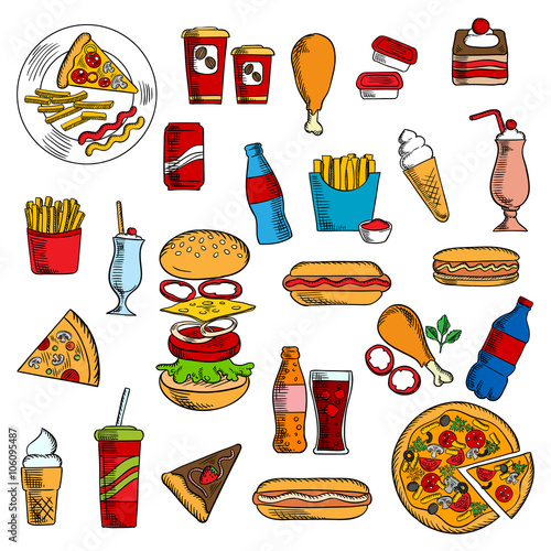 Cheeseburger and pepperoni pizza, hot dog with ketchup, mustard and mayonnaise, french fries and fried chicken legs,  pie and chocolate cake, paper cups of coffee and soda, ice cream and desserts
