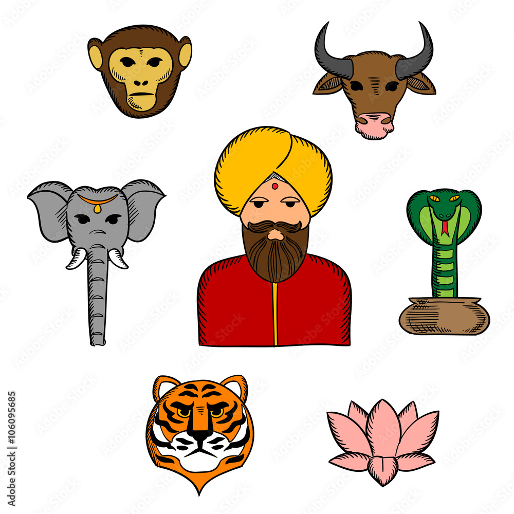 National symbols of India with elephant and cow, cobra and tiger ...