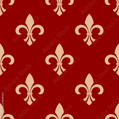 Ancient french floral royal seamless pattern with beige ornament of fleur-de-lis elements on red background. Vintage interior accessories or textile themes design