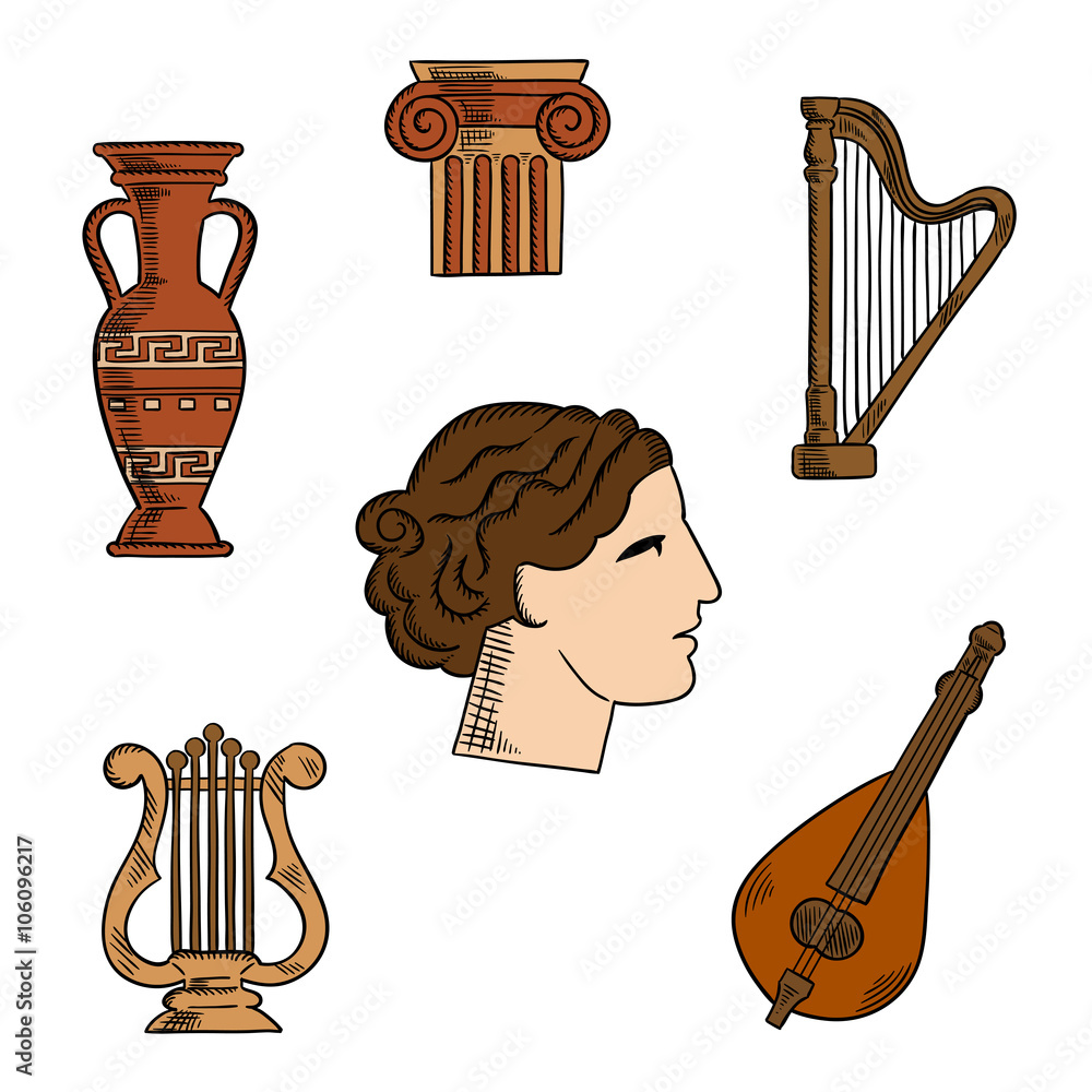 Architecture, music and art symbols of ancient Greece with profile of antique greek theater actress, surrounded by ionic columns with ornamental scrolls, amphora and lyre, harp and mandolin - obrazy, fototapety, plakaty 