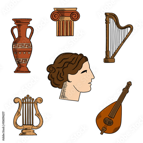 Architecture, music and art symbols of ancient Greece with profile of antique greek theater actress, surrounded by ionic columns with ornamental scrolls, amphora and lyre, harp and mandolin