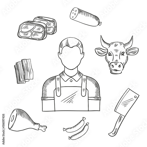 Butcher profession icons for butcher shop and farm market. Man in long waist apron, sausages and bacon, fresh tenderloin and pork leg, cow head and big cleaver knife