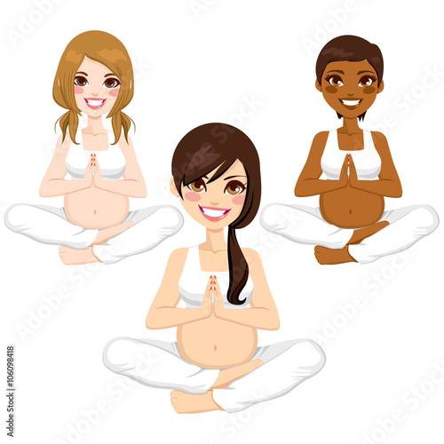 Three beautiful pregnant women practicing yoga exercises together