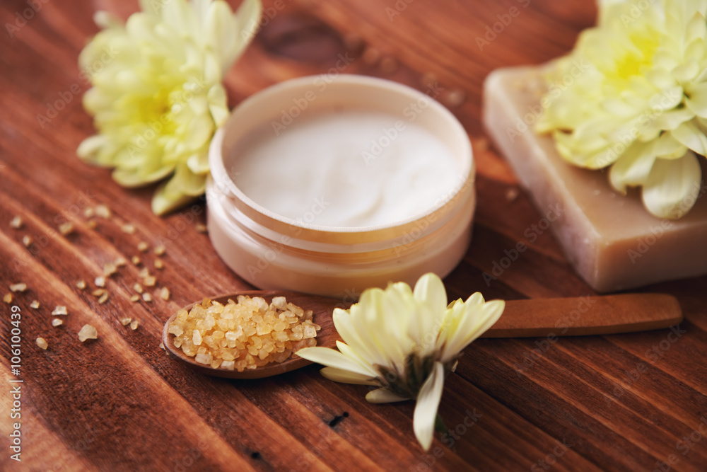 Aromatic spa. Beautiful spa composition on wooden table Aromatic spa. Beautiful spa composition on wooden table