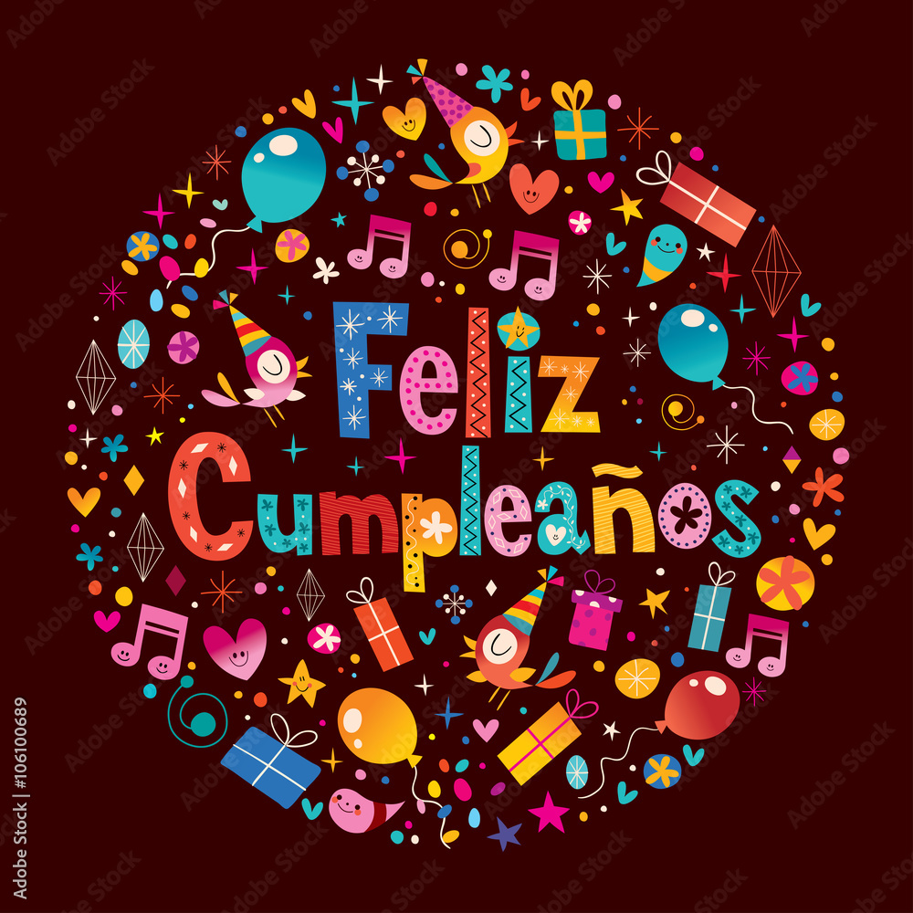 Feliz Cumpleanos - Happy Birthday in Spanish greeting card with circle composition Stock Vector