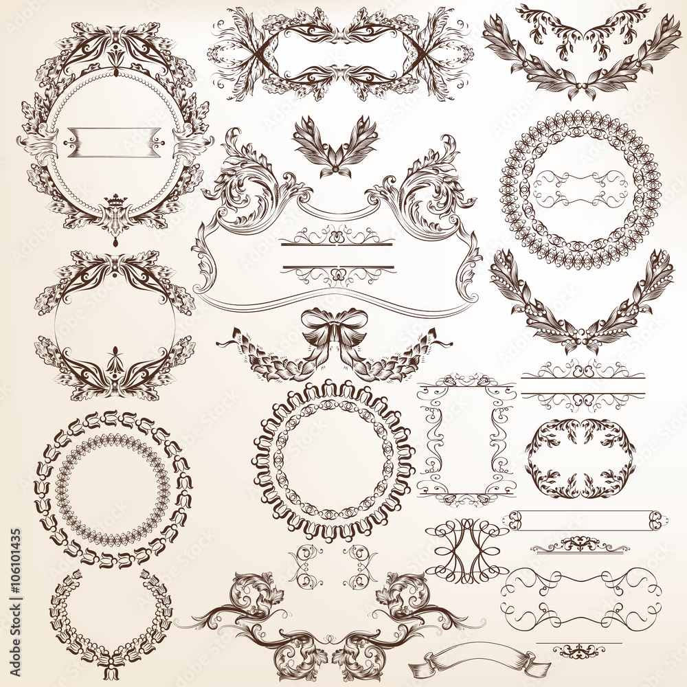 Collection or set of vector filigree drawn antique frames for de