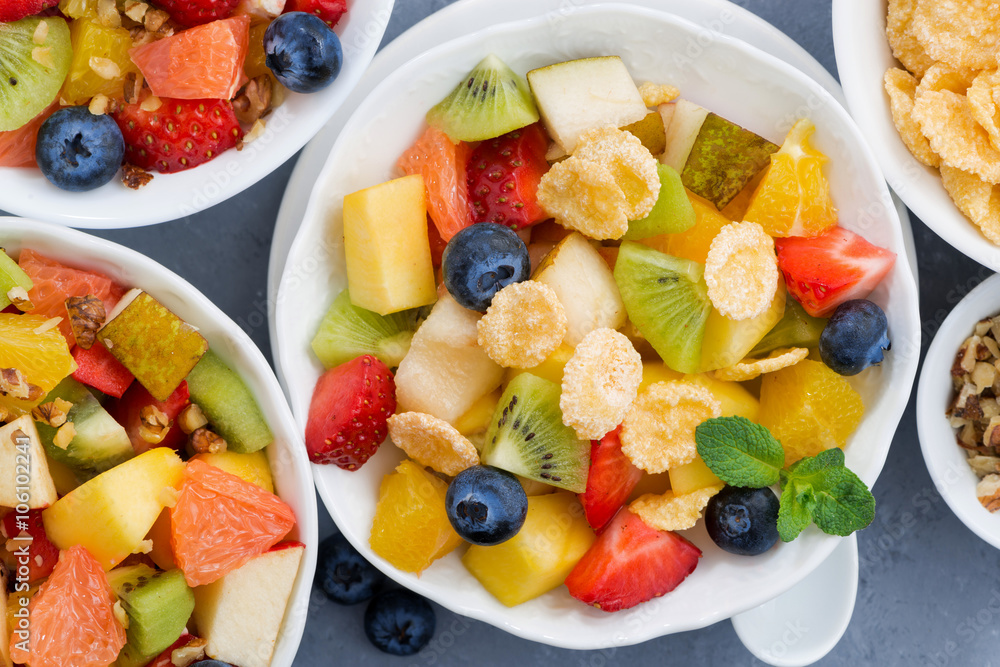 healthy breakfast with fruit salad, top view closeup healthy breakfast with fruit salad, top view closeup