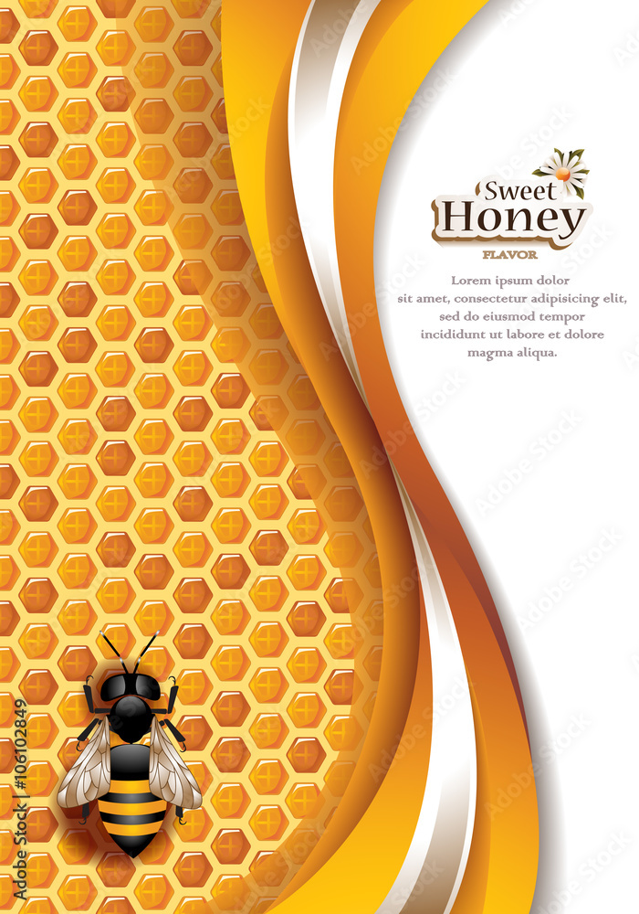 Vector Elegant Abstract Honey Background with Honeycomb, Working Bee