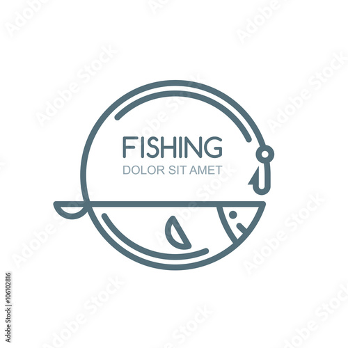 Vector fishing logo, label, badge, emblem design elements. Outline fish, fishing rod and hook illustration, isolated. 