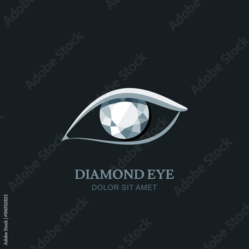 Vector illustration of abstract human eye with diamond pupil. Logo design element. Gem stone icon. Concept for optical, glasses or jewelry shop, ophthalmology. 
