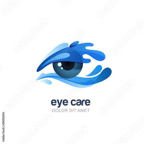 Vector illustration of abstract human eye in clean water splash. Logo, emblem design elements. Concept for optical, glasses shop, oculist, ophthalmology, healthcare research. 
