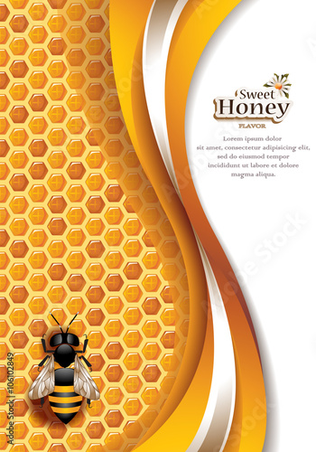 Vector Elegant Abstract Honey Background with Honeycomb, Working Bee and Space for Text