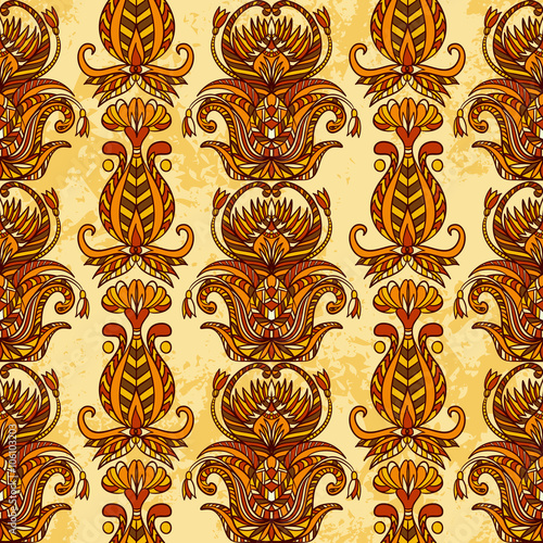 Egypt colorful floral ornament on aged paper background. Vintage vector hand drawn seamless pattern