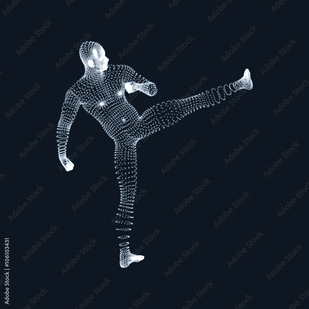 Fighting Man. 3D Model of Man. Human Body Model. Body Scanning. View of Human Body. Vector Graphics Composed of Particles. Fighting Man. 3D Model of Man. Human Body Model. Body Scanning. View of Human Body. Vector Graphics Composed of Particles.